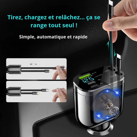 Le Chargeur Voiture Retractable 5-en-1.  Qui élimine enfin le désordre