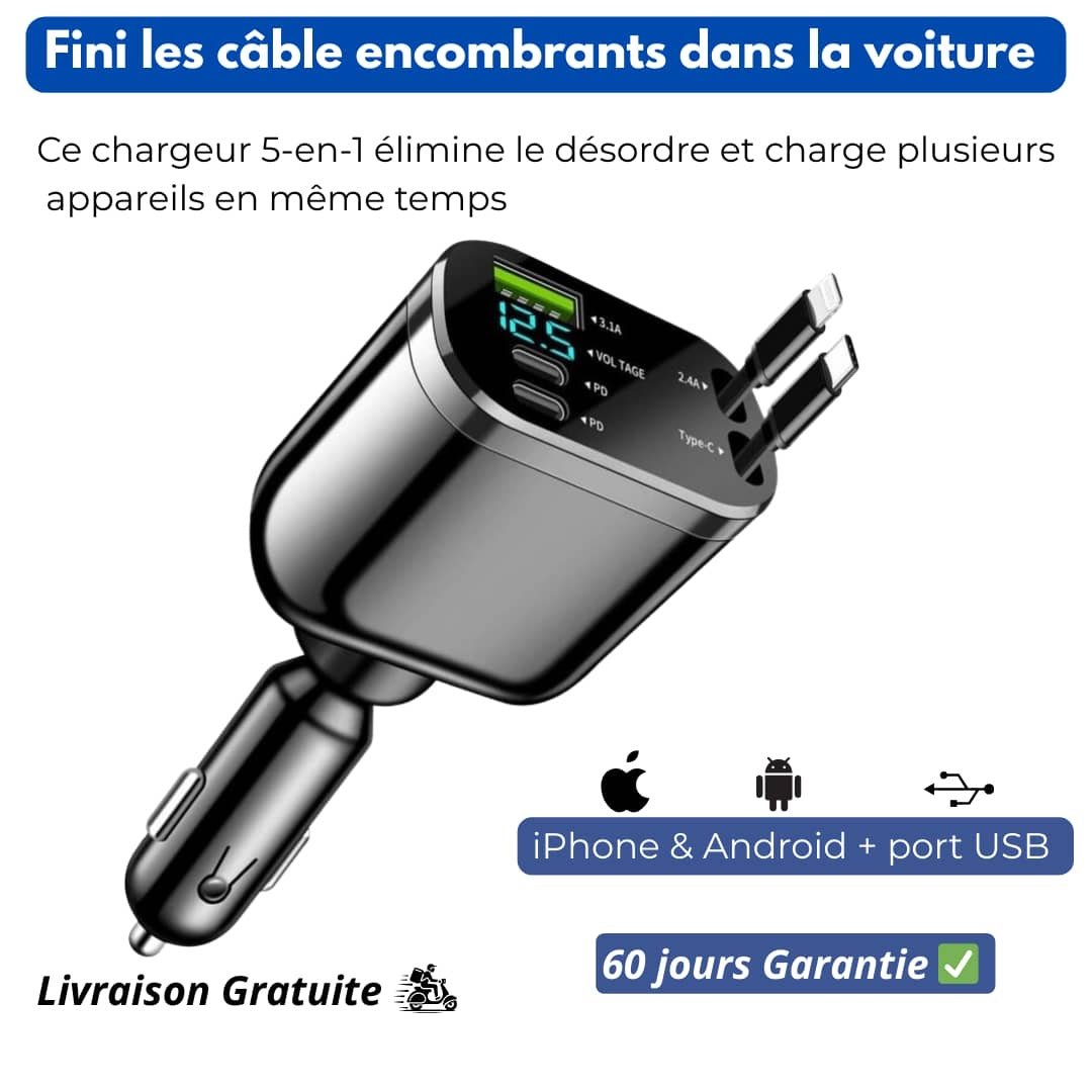 Le Chargeur Voiture Retractable 5-en-1.  Qui élimine enfin le désordre